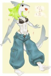  baggy_pants bikini black_bikini black_eyes breasts cat_pepper english_commentary female fins full_body furry furry_female green_hair highres looking_at_viewer medium_breasts oerba_yun_fang open_fly original pants shark_girl simple_background solo standing standing_on_one_leg swimsuit tail yellow_background 