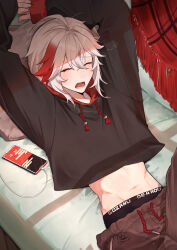  1boy absurdres alternate_costume arms_up bed blush cellphone closed_eyes clothes_writing commentary_request cropped_hoodie drawstring genshin_impact hair_between_eyes highres hood hood_down hoodie kaedehara_kazuha long_sleeves lying male_underwear mashiro_io midriff multicolored_hair on_back on_bed open_mouth pants phone pillow red_hair smartphone solo streaked_hair underwear white_hair yawning 