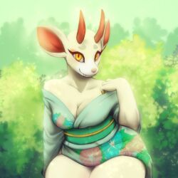  1:1 anthro asian_clothing biped bovid breasts caprine cleavage clothed clothing dragon-chan east_asian_clothing female goat japanese_clothing kimono looking_at_viewer mammal outside pupils smile solo teeth thick_thighs yellow_eyes 