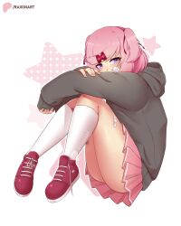  absurdres artist_name bandaid bandaid_on_cheek bandaid_on_face bandaid_on_leg commentary doki_doki_literature_club female hair_ornament hair_ribbon hairclip highres hood hood_down hoodie knees_up long_sleeves looking_at_viewer natsuki_(doki_doki_literature_club) pink_hair pleated_skirt purple_eyes raion_(raionart) ribbon shoes short_hair skirt sleeves_past_wrists sneakers socks solo star_(symbol) two_side_up untied_footwear 