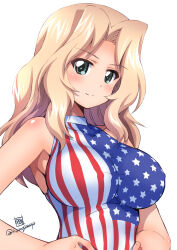  american_flag american_flag_print armpit_peek bare_shoulders blonde_hair blush breasts closed_mouth female flag_print girls_und_panzer green_eyes hands_on_own_hips highres kamogawa_tanuki kay_(girls_und_panzer) large_breasts long_hair looking_at_viewer signature simple_background smile solo upper_body white_background 