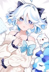  ahoge alternate_costume bare_shoulders bed_sheet blue_bow blue_eyes blue_hair blue_pupils blush bow chaena_(exmd3552) commentary_request drop-shaped_pupils female furina_(genshin_impact) genshin_impact hair_between_eyes hairbow hand_up heterochromia highres leisurely_otter_(genshin_impact) light_blue_hair long_sleeves looking_at_viewer lying medium_hair multicolored_hair off-shoulder_sweater off_shoulder on_back parted_lips pillow solo streaked_hair surintendante_chevalmarin sweater symbol-shaped_pupils upper_body white_hair white_sweater 