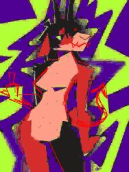  2024 3:4 absurd_res anthro appelsaus black_body black_fur black_hair bovid breasts brown_body brown_fur calico_pattern caprine compression_artifacts constance_(appelsaus) digital_media_(artwork) dithering female fur glitch goat hair hi_res horn looking_away mammal solo 