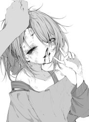  1boy bare_shoulders bleeding blood blood_on_face bruise bruise_on_face bruise_on_neck female grabbing_another&#039;s_hair greyscale half-closed_eyes highres injury looking_at_viewer medium_hair monochrome mushoku_loli mushoku_loli_(character) nosebleed off-shoulder_shirt off_shoulder one_eye_closed original ryona shirt simple_background solo_focus tearing_up v 