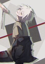  :d alternate_costume black_jacket blood blood_on_clothes brown_eyes brown_shirt chain_leash chains collar danganronpa_(series) danganronpa_another_episode:_ultra_despair_girls from_side grey_hair highres jacket komaeda_nagito leash metal_collar multicolored_background off_shoulder pants servant_(danganronpa) shirt short_hair short_sleeves sitting smile solo_focus vo3olv 