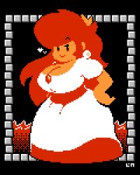  8-bit border breasts crown dress earrings highres jewelry large_breasts lava legendofnerd mario_(series) meme orange_hair pixel_art princess princess_peach princess_toadstool_redraw_(meme) smug solo sphere_earrings white_dress 