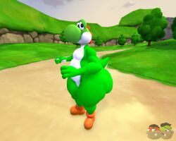  3d_(artwork) anthro ass big_butt clothing digital_media_(artwork) dinosaur footwear grass green_body green_scales green_skin green_yoshi hi_res kanebrentkoopa male mario_bros nintendo nude plant prehistoric_species public public_nudity reptile scales scalie shoes solo source_filmmaker_(artwork) thick_thighs tree wide_hips yoshi yoshi_(character) 