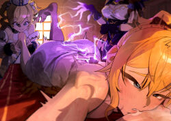  3girls barbara_(genshin_impact) blonde_hair blue_eyes breasts drill_hair drooling electricity feet foot_massage genshin_impact gloves highres indoors jean_(genshin_impact) kuriki_art large_breasts lisa_(genshin_impact) lying massage multiple_girls on_stomach purple_gloves saliva smile towel twin_drills 