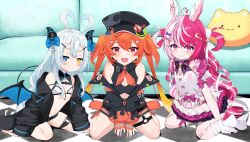  3girls absurdres akugaki_koa blue_hair commission demon_girl dress enya_ignis fangs heterochromia highres horns idol_corp kiniro_tofu kneeling lalabell_lullaby long_hair multicolored_hair multiple_girls orange_hair rabbit_girl twintails virtual_youtuber 