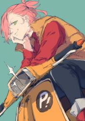  black_pants blue_background female flcl flcl_alternative full_body hand_on_own_face haruhara_haruko looking_at_viewer motor_vehicle pants purple_hair red_footwear red_shirt scooter shirt short_hair sitting smile solo sprinkles tamaki_iori vest yellow_vest 