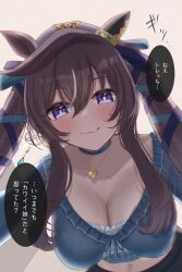  :3 absurdres animal_ears beret blush breasts brown_hair casual cleavage closed_mouth collarbone commentary_request earrings female hair_between_eyes hair_ornament hat highres horse_ears horse_girl jewelry kaniitama looking_at_viewer medium_breasts navel necklace pov purple_eyes single_earring solo translation_request twintails umamusume vivlos_(umamusume) white_background 