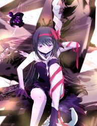  akemi_homura akuma_homura bare_shoulders black_dress black_hair bow commentary_request dress female hairband hairbow highres knee_up kyuubee mahou_shoujo_madoka_magica mahou_shoujo_madoka_magica:_hangyaku_no_monogatari purple_eyes red_bow red_hairband red_ribbon ribbon sengoku_chidori sitting solo soul_gem 