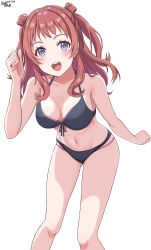  absurdres artist_logo bikini black_bikini blue_eyes breasts brown_hair cleavage dated double_bun feet_out_of_frame female front-tie_bikini_top front-tie_top gakuen_idolmaster hair_bun hanami_saki highres idolmaster kippei layered_bikini long_hair looking_at_viewer medium_breasts open_mouth round_teeth simple_background solo swimsuit teeth two_side_up upper_teeth_only white_background 