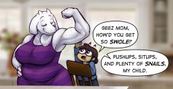  age_difference anthro big_breasts boss_monster_(undertale) bottomwear breasts brown_hair closed_eyes clothed clothing dialogue dragon-chan female flexing frisk_(undertale) hair human larger_female mammal mature_female older_female pants shirt size_difference smaller_human text topwear toriel undertale undertale_(series) white_body 