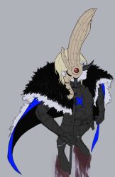  1boy areadbhar_(fire_emblem) armor armored_gloves black_armor black_fur blonde_hair blood blue_cape blue_eyes breastplate cape closed_mouth commentary_request dimitri_alexandre_blaiddyd fire_emblem fire_emblem:_three_houses full_body fur-trimmed_cape fur_trim greaves grey_background highres holding holding_polearm holding_weapon kazemofire looking_at_viewer male_focus ornate_weapon polearm simple_background solo weapon white_fur 