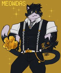  :3 anthro arm_tattoo belt_buckle black_body black_clothing black_fur buckle business_attire business_suit claws clothing domestic_cat dress_pants ear_piercing english_text epic_games eye_scar facial_scar felid feline felis fortnite fur furgonomics fusion g0dp4rticl3 gold_(metal) gold_background hi_res jewelry male mammal meowscles midas_(fortnite) multicolored_body muscular muscular_anthro muscular_male necktie pants_chain piercing rolled_up_sleeves scar solo suit suspenders tattoo text toony toony_expression toony_eyes topwear two_tone_body vest wallet_chain white_body white_clothing white_fur 