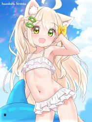  ahoge animal_ear_fluff animal_ears artist_name bare_shoulders bikini blonde_hair blush bow cat_ears cat_girl cat_tail cloud cloudy_sky cowboy_shot day fish_hair_ornament flat_chest frilled_bikini frilled_bikini_bottom frilled_bikini_top frills green_eyes hair_ornament hairbow hairclip halterneck hand_on_own_ear hazakura_hinata heterochromia highres inflatable_toy kurumi_(hazakura_hinata) long_hair looking_at_viewer navel original outdoors sidelocks signature sky solo standing swimsuit tail wavy_hair white_bikini yellow_bow yellow_eyes 