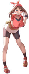  &gt;:) arched_back arm_under_breasts bandana bike_shorts black_gloves black_shorts black_socks blue_eyes blush breasts brown_hair collarbone collared_shirt commentary female floating_hair full_body gloves hand_up highres large_breasts leaning_forward looking_at_viewer may_(pokemon) medium_hair miniskirt momdy_(talesshinja) parted_bangs pokemon pokemon_rse red_bandana red_footwear red_shirt shirt short_sleeves shorts sidelocks simple_background skirt smile socks solo split_mouth standing thighs two-tone_gloves v-shaped_eyebrows waist_bag white_background white_gloves white_skirt 