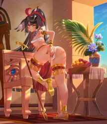  ankh ankh_earrings armlet ass bikini black_hair blush bracelet breasts budget_sarashi chair commentary_request dark-skinned_female dark_skin egyptian egyptian_art egyptian_clothes egyptian_mythology female flower food fruit hair_ornament hand_on_own_ass head_wings highres jewelry komiya_nigi looking_at_viewer micro_bikini original pyramid_(structure) sandals sarashi solo swimsuit thigh_strap vase wings yellow_eyes 