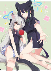  0kami_89zo 2girls :3 absurdres animal_ears barefoot black_dress black_hair blue_archive blue_halo blush bow breasts brown_eyes commentary dress flat_chest frills green_background green_eyes grey_hair hair_between_eyes hair_ribbon hairbow halo hand_up highres kneeling kokona_(blue_archive) legs long_hair looking_at_viewer multiple_girls notice_lines one_eye_closed pinstripe_dress pinstripe_pattern ribbon short_sleeves shun_(blue_archive) shun_(small)_(blue_archive) siblings side_slit sidelocks sisters sitting sleeveless sleeveless_dress small_breasts smile soles thighs toes twintails v 