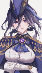  blue_capelet breasts capelet cleavage clorinde_(genshin_impact) earrings female genshin_impact gloves grey_background hal_aluha hat highres jewelry long_hair looking_at_viewer medium_breasts purple_eyes purple_hair shirt simple_background solo tricorne upper_body white_gloves white_shirt 