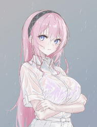  arms_under_breasts belt belt_skirt blue_eyes bra breasts collared_shirt crossed_arms crying crying_with_eyes_open female grey_background grey_hairband hairband highres large_breasts light_blush long_hair looking_at_viewer megurine_luka open_collar pale_skin parted_lips pink_bra pink_hair sad see-through see-through_shirt shirt short_sleeves skirt solo tearing_up tears underwear upper_body vocaloid wet wet_clothes wet_hair wet_shirt white_belt white_skirt yukihane_(snowowl515) 