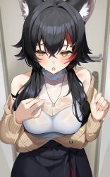  absurdres animal_ear_fluff animal_ears argule0901 bare_shoulders black_hair black_skirt blush breasts brown_cardigan cardigan cleavage commentary_request door female hair_between_eyes hair_ornament highres hololive indoors jewelry long_hair long_sleeves low_twintails multicolored_hair necklace off_shoulder official_alternate_costume ookami_mio ookami_mio_(street) open_mouth red_hair see-through see-through_shirt shirt skirt sleeveless sleeveless_shirt solo streaked_hair twintails virtual_youtuber wet wet_clothes wet_shirt white_shirt wolf_ears wolf_girl yellow_eyes 