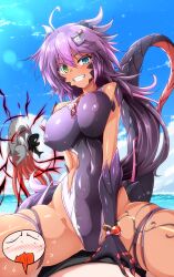  absurdres ahoge blue_eyes blush breasts claws competition_swimsuit covered_navel covered_nipples dragon_claw dragon_girl dragon_horns dragon_tail g_(genesis1556) green_eyes hair_between_eyes heterochromia highres horns large_breasts leg_tattoo lily_(g_(genesis1556)) long_hair monster_girl multicolored_hair navel one-piece_swimsuit orca original pov purple_hair scales shark sharktopus swimsuit tail tattoo two-tone_hair very_long_hair 