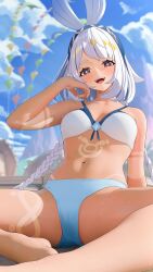  :d absurdres blue_hairband blue_sky braid dark-skinned_female dark_skin female fish-shaped_pupils genshin_impact hairband highres jumonji long_hair looking_at_viewer low_twin_braids mualani_(genshin_impact) navel open_mouth paid_reward_available red_eyes sitting sky smile solo symbol-shaped_pupils twin_braids very_long_hair wet white_hair 