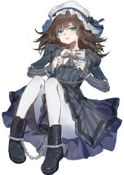  absurdres ankle_cuffs black_dress black_footwear bonnet boots bound_ankles bow braid breasts brown_hair chains charlotte_corday_(fate) chinese_commentary commentary_request cuffs dress dress_bow fate/grand_order fate_(series) female gloves green_eyes handcuffs highres juliet_sleeves long_sleeves looking_at_viewer open_mouth pantyhose puffy_sleeves sao7 simple_background smile solo striped_clothes striped_dress vertical-striped_clothes vertical-striped_dress white_background white_bonnet white_bow white_gloves white_pantyhose 