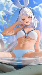  :d absurdres bikini blue_bikini blue_hairband blue_sky braid dark-skinned_female dark_skin female fish-shaped_pupils genshin_impact hairband highres jumonji long_hair looking_at_viewer low_twin_braids mismatched_bikini mualani_(genshin_impact) navel open_mouth paid_reward_available partially_submerged red_eyes sitting sky smile solo swimsuit symbol-shaped_pupils twin_braids very_long_hair white_bikini white_hair 