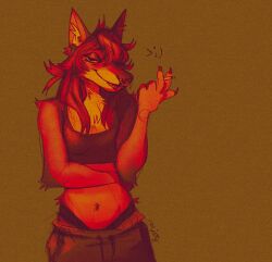  bottomwear canid canine canis cigarette clothing crop_top ear_piercing emoticon facial_piercing female hi_res inner_ear_fluff lidded_eyes looking_at_viewer mammal mjsty navel nose_piercing nose_ring pants piercing ring_piercing shirt smoking solo sweatpants topwear tuft wolf 