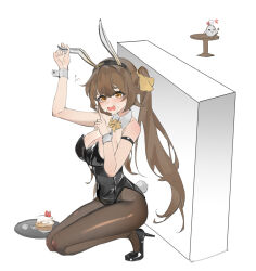  alternate_breast_size anger_vein animal_ears black_leotard breasts brown_hair brown_pantyhose cleavage eyebrows_hidden_by_hair fake_animal_ears female finger_to_mouth flying_sweatdrops full_body hair_between_eyes hiding high_heels highres honkai:_star_rail honkai_(series) jingwei_(bird) large_breasts leotard looking_at_viewer open_mouth pantyhose shushing sideboob simple_background solo squatting stiletto_heels sushang_(honkai:_star_rail) tray twintails wavy_mouth white_background yuan_zhen 