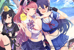  3girls ashigara_(azur_lane) azur_lane beach belt black_choker black_gloves black_hair black_sailor_collar black_shirt black_skirt blue_hair blue_shirt blue_skirt bow bowtie breasts choker cleavage closed_mouth cloud cloudy_sky dark_blue_hair eyes_visible_through_hair fishnet_socks fishnets gloves grey_belt gyaru_v haguro_(azur_lane) hair_between_eyes hair_ornament hair_over_one_eye hairclip half_gloves hand_up hands_up highres manjuu_(azur_lane) medium_hair midriff multiple_girls nachi_(azur_lane) nachi_(retrofit)_(azur_lane) navel necktie nervous_smile official_art one_eye_closed one_side_up open_clothes open_mouth open_shirt outdoors pink_eyes pink_hair purple_necktie red_eyes sailor_collar shirt short_sleeves skirt sky smile socks striped_bow striped_bowtie striped_clothes tetsujin_momoko v white_sailor_collar white_shirt 