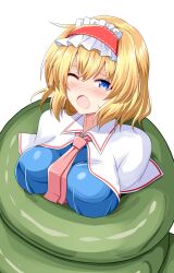  alice_margatroid blonde_hair blue_dress blue_eyes breasts clenched_teeth commission constriction dress female frilled_hairband frills hairband highres red_hairband rise_(rise19851203) short_hair simple_background skeb_commission solo teeth touhou white_background 