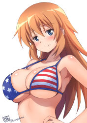  american_flag american_flag_bikini american_flag_print bikini blue_eyes blush breasts charlotte_e._yeager cleavage closed_mouth collarbone female flag_print hand_on_own_hip highres kamogawa_tanuki large_breasts long_hair looking_at_viewer orange_hair print_bikini signature simple_background smile solo strike_witches swimsuit white_background world_witches_series 