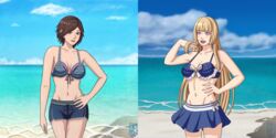  2girls 4thanysc alluring beach bikini bikini_shorts bikini_skirt blonde_hair blue_bikini blue_eyes blue_sky blue_swimsuit breasts brown_eyes brown_hair cleavage emilie_de_rochefort female female_only frenemies fully_clothed kazama_asuka long_hair namco navel ocean pin_up short_hair sokloeum tekken tekken_5_dark_resurrection tekken_7 tekken_8 tekken_tag_tournament_2 