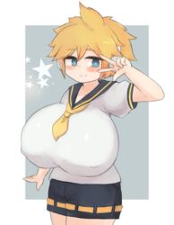  1boy alternate_breast_size blonde_hair blue_eyes breasts bulge bulge_through_clothing busty_boy clothed headphones headphones_on_head huge_breasts kagamine_len lowres messy_hair necktie penis_under_clothes pittori sailor_collar short_hair shorts solo solo_male source_not_archived vocaloid 