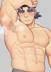  1boy abs arm_up armpit_hair armpits artist_name bara beard_stubble blue_eyes blue_hair commentary facial_hair gammei_(live_a_hero) grey_background live_a_hero looking_at_viewer male_focus masa_(mshk_s) muscular muscular_male nipples pectorals ponytail sparse_chest_hair steam stubble topless_male 