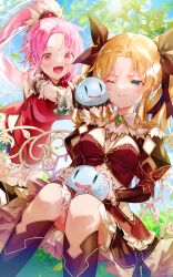  2girls :d atelier_(series) blonde_hair blue_eyes blush breasts cheek_squash cleavage creature day dress etward_deisler frilled_dress frills hair_ribbon high_ponytail highres holding holding_creature juliet_sleeves large_breasts liliane_vehlendorf long_hair long_sleeves mana_khemia_(series) mana_khemia_2 multiple_girls non-web_source official_art one_eye_closed open_mouth outdoors outstretched_arms parted_bangs pink_hair puffy_sleeves puni_(atelier) red_dress ribbon sitting smile standing sweatdrop tsuyutya twintails 