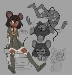  absurd_res anthro blowing_raspberries bodily_fluids book bottomwear bumblesteak clothing eyewear female glasses gloves green_eyes handwear hi_res high_boots looking_aside lying mammal mouse_ears mouse_tail murid murine olive_(bumblesteak) on_back rodent sitting skirt solo spiral_eyes sweat sweatdrop tongue tongue_out 