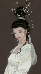  black_hair breasts brown_background chinese_clothes cleavage duijin_ruqun earrings female flower grey_eyes hair_branch hair_bun hair_flower hair_ornament hanfu highres ibuki_satsuki jewelry long_hair necklace original pointy_ears realistic red_lips solo tall_hair upper_body white_flower white_hanfu 