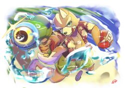  1boy absurdres aiming aiming_at_viewer alternate_costume animal_ears animal_nose ball beachball body_fur brown_fur enso_turtle fox_boy fox_ears fox_mccloud fox_tail furry furry_male green_eyes highres holding holding_ball holding_beachball one_eye_closed smile solo star_fox super_smash_bros. tail tongue tongue_out water_gun 