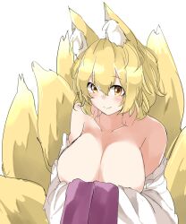  animal_ear_fluff animal_ears blonde_hair blush breasts cleavage closed_mouth collarbone commentary dress female fox_ears fox_girl fox_tail hair_between_eyes hands_in_opposite_sleeves highres houkai_(collapse_illust) kitsune kyuubi large_breasts long_sleeves looking_at_viewer multiple_tails no_headwear off-shoulder_dress off_shoulder short_hair simple_background smile solo tail touhou upper_body white_dress yakumo_ran yellow_eyes 