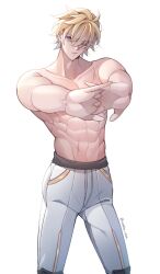  1boy abs blonde_hair blue_eyes closed_mouth gepard_landau grey_pants hair_between_eyes highres honkai:_star_rail honkai_(series) male_focus muscular muscular_male one_eye_closed pants scar short_hair stomach sunshine_1505 topless_male white_background 