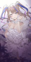  absurdres ahoge airi_kanna blue_eyes blue_hair bouquet breasts brown_hair cleavage collarbone cowboy_shot curly_hair detached_collar dragon_girl dragon_horns dress female flower forehead_tattoo frilled_dress frills highres holding holding_bouquet horns korean_commentary layered_dress long_hair looking_at_viewer medium_breasts multicolored_hair naga_(naga83972211) pink_hair purple_hair rose shoulder_tattoo solo stellive strapless strapless_dress tattoo twintails virtual_youtuber wedding_dress white_flower white_rose 