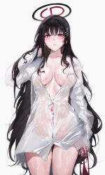  adjusting_hair alternate_costume areola_slip black_hair blue_archive blush breasts cleavage collarbone cowboy_shot female glint halo hand_in_own_hair hand_up highres holding holding_own_hair large_breasts long_hair long_sleeves looking_at_viewer navel parted_lips qiandaiyiyu red_eyes revision rio_(blue_archive) shirt simple_background solo standing thighs very_long_hair wet wet_clothes wet_shirt white_background white_shirt 