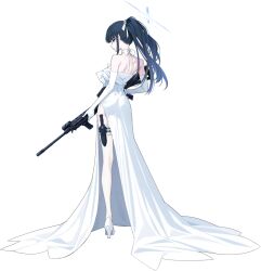  arms_at_sides back bare_legs bare_shoulders black_hair blue_archive blue_eyes blue_hair blue_halo blunt_bangs bow bowtie breasts choker dress elbow_gloves female from_behind full_body gloves gun hair_ribbon halo hand_on_own_hip high_heels highres holding holding_gun holding_weapon knife large_breasts long_dress long_hair looking_at_viewer looking_back multicolored_hair official_art parted_lips ponytail ribbon rifle saori_(blue_archive) saori_(dress)_(blue_archive) scope sheath side_slit simple_background solo standing straight_hair strapless strapless_dress thigh_strap third-party_source transparent_background two-tone_hair variant_set weapon wedding_dress white_bow white_bowtie white_choker white_dress white_footwear white_gloves white_ribbon wispy_bangs 