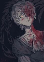  1boy black_background blood blood_in_hair blood_on_clothes blood_on_face bright_pupils closed_mouth dutch_angle feathered_wings feathers final_fantasy final_fantasy_xvi hair_over_one_eye highres joshua_rosfield lace-trimmed_collar lace_trim layered_clothes layered_sleeves long_sleeves magehikari male_focus orange_eyes puffy_sleeves short_over_long_sleeves short_sleeves simple_background solo spot_color twitter_username upper_body wide-eyed wings 