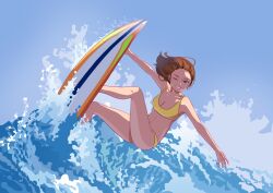  absurdres aqua_eyes bikini breasts brown_hair collarbone commentary english_commentary female full_body highres looking_at_viewer nap_on_a_cloud navel one_eye_closed original smile surfboard surfing swimsuit teeth water waving yellow_bikini 